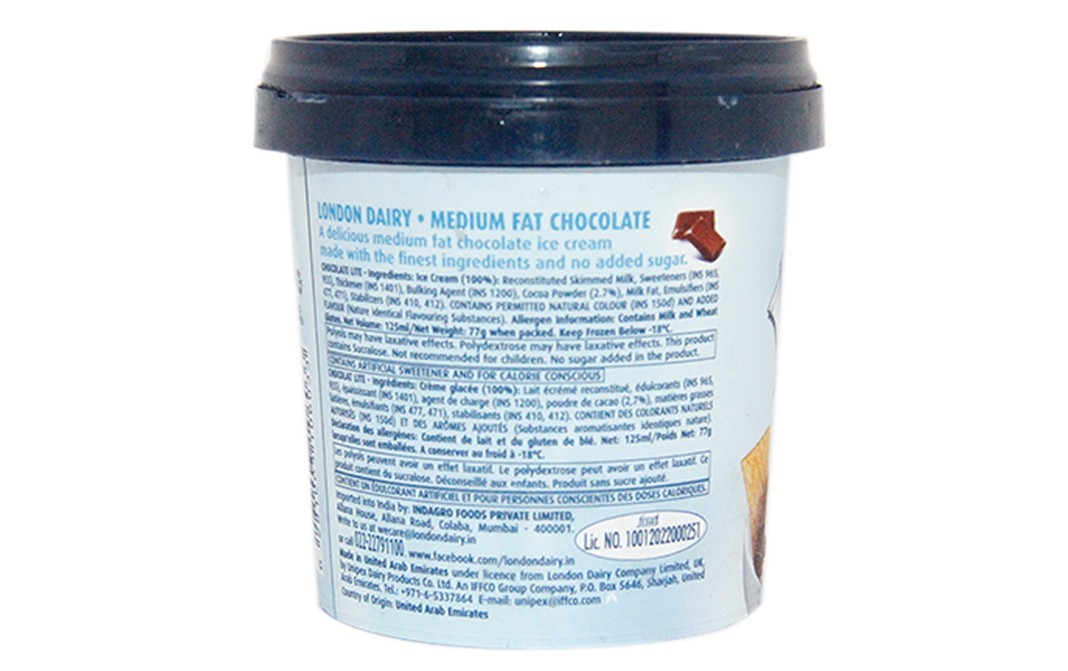 London Dairy Lite Ice Cream Chocolate No Added Sugar   Cup  125 millilitre
